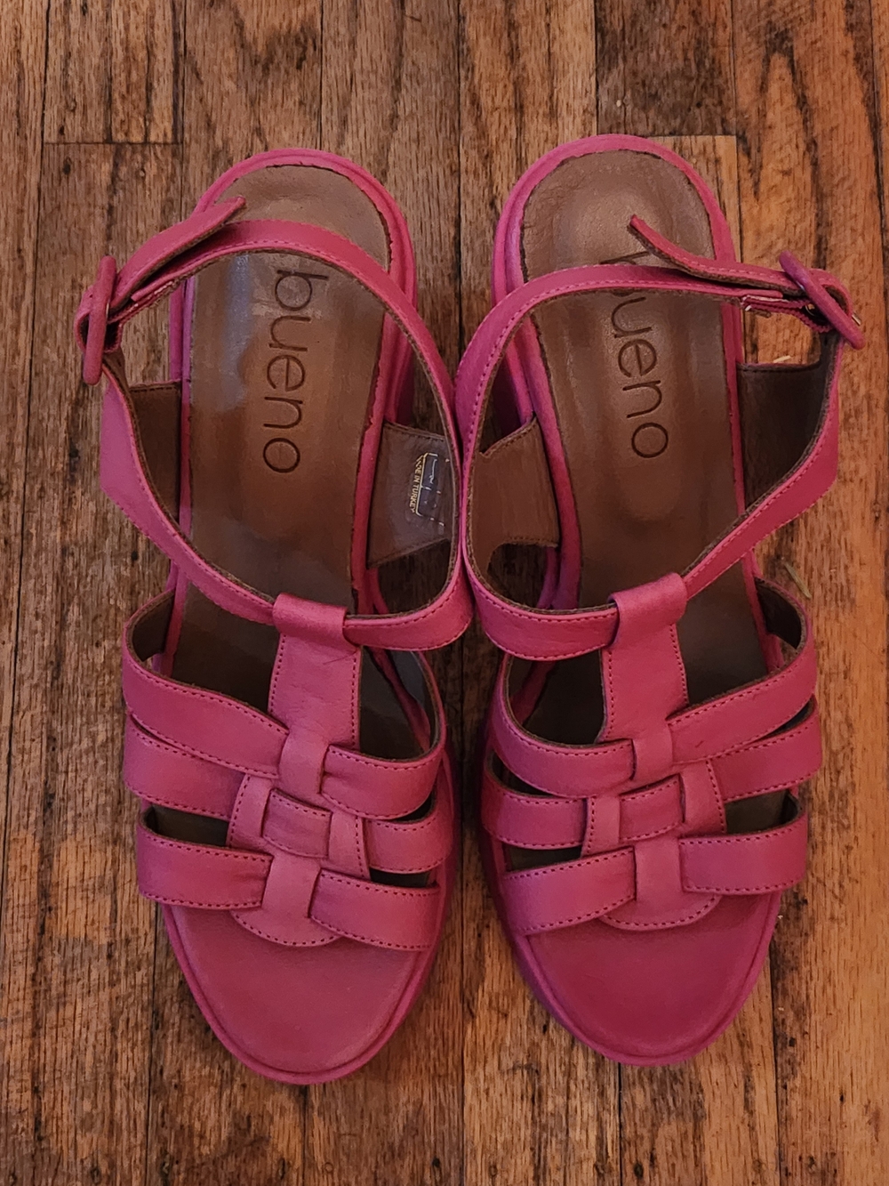 Bueno Pink Leather Woven Strappy Sandals